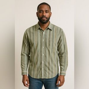 ENRO Men's Green Striped Cotton Blend Button Front Casual Shirt XXL EUC #852